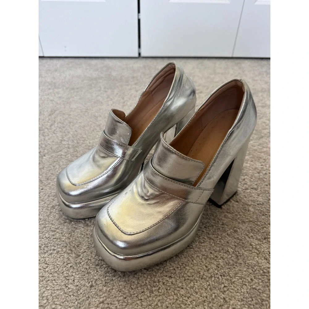 Metallic Silver Platform Loafers Square Toe Chunky Block Heel Pumps Size 39
